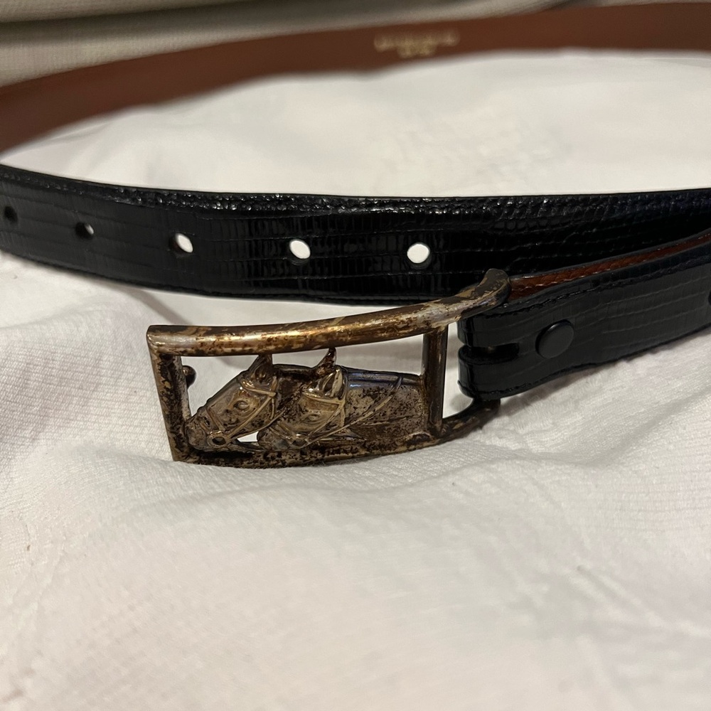 Barry Kieselstein-cord equestrian silver belt buckle & 2 lengths lizard belts